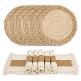 Zology Handmade Boho Placemats Set of 6 - Natural Cotton Burlap and Water Straw Woven Combination Table Mats, Macrame Décor and Farmhouse Style Placemats, for Dining Table Kitchen Zology