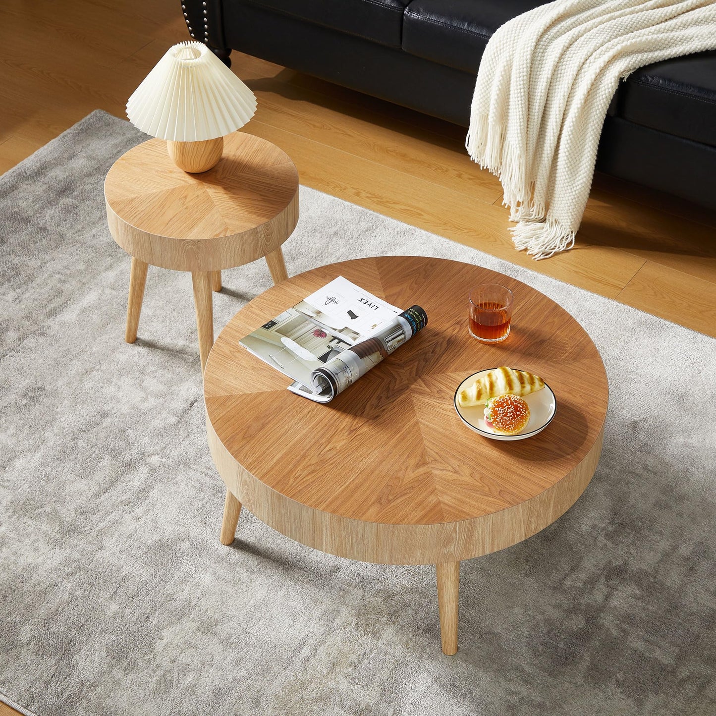 2-Piece Modern Farmhouse Living Room Coffee Table Set, Modern Wood Grain Pattern Natural Wood Finish Side Table and End Table Set for Living Room, Bedroom, Cafe, Office, Wood Color - WoodArtSupply