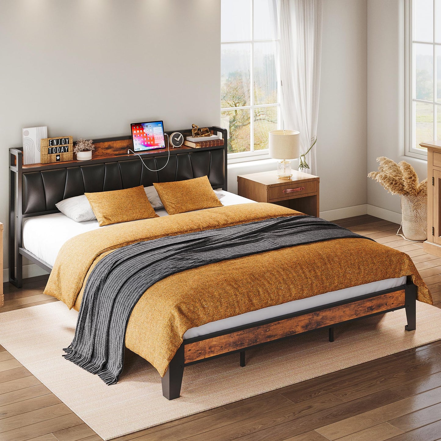 California King Bed Frame with Storage Headboard and Charging Station by LIKIMIO - Vintage Brown and Black - WoodArtSupply