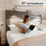 Jocisland King Size Farmhouse Bed Frame, 51" Headboard, LED Reading Lights, Rustic Wood Look, No Box Spring Needed, Rustic Gray Jocisland