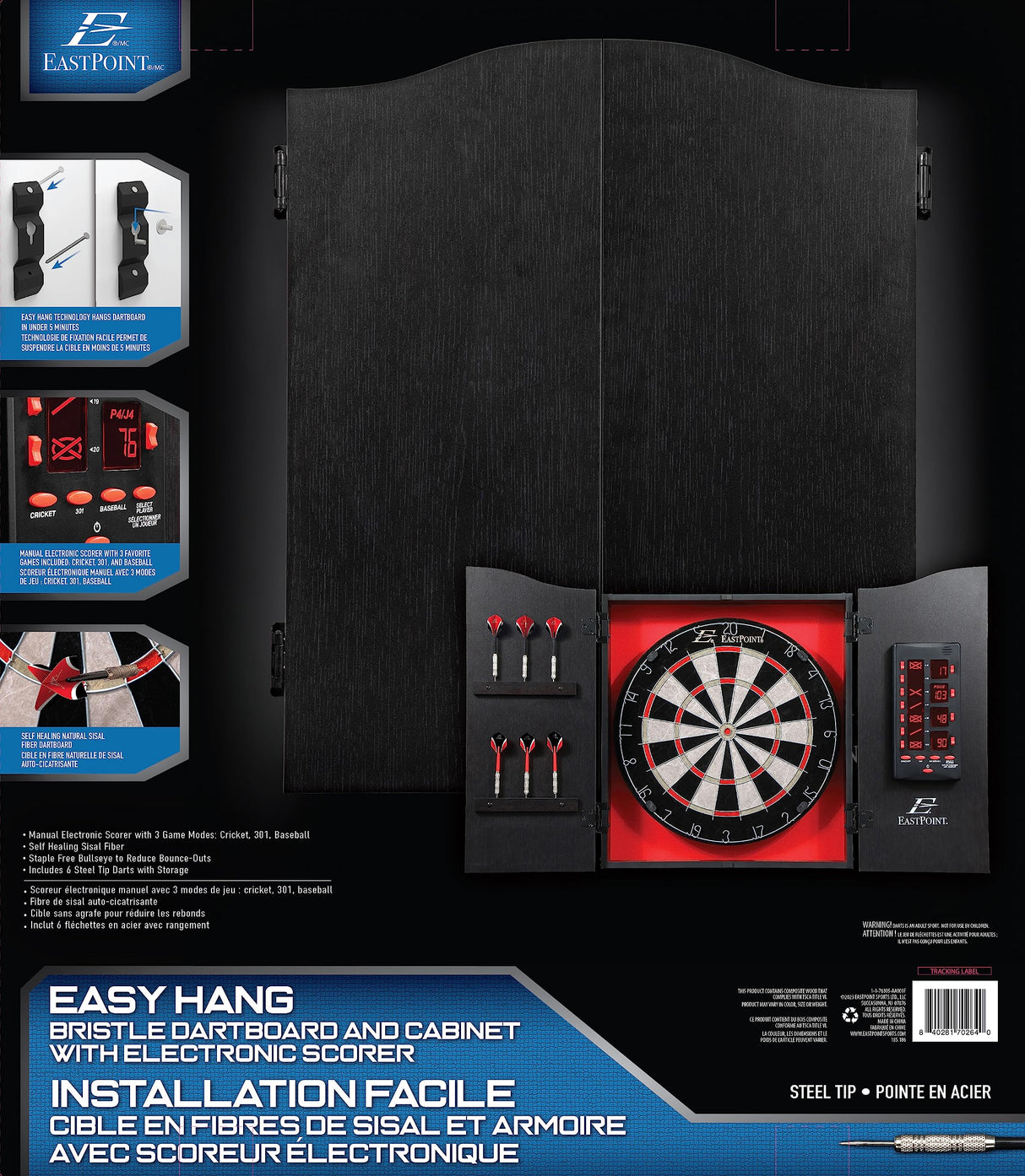 EastPoint Sports Tournament Bristle Dartboard and Easy Hang Cabinet with Electronic Scoreboard and 6 Steel Tip Darts EastPoint Sports