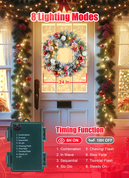 Pre-Lit Artificial Christmas Wreath 24Inch, Christmas Door Decorations Wreath with 50LED Warm Lights, Christmas Balls, Pine Needles, and Red Berries for Front Door Wall Windows X-mas Ornament