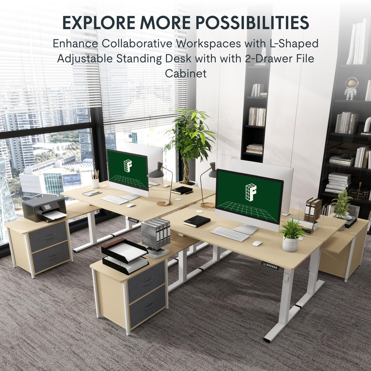 FLEXISPOT 63'' L Shaped Standing Desk with Drawers, Adjustable Height Desk with Shelves, Large Corner Stand Up Desk with Headphone Hooks for Home Office, Light Wood Grain Top+ White Frame FLEXISPOT