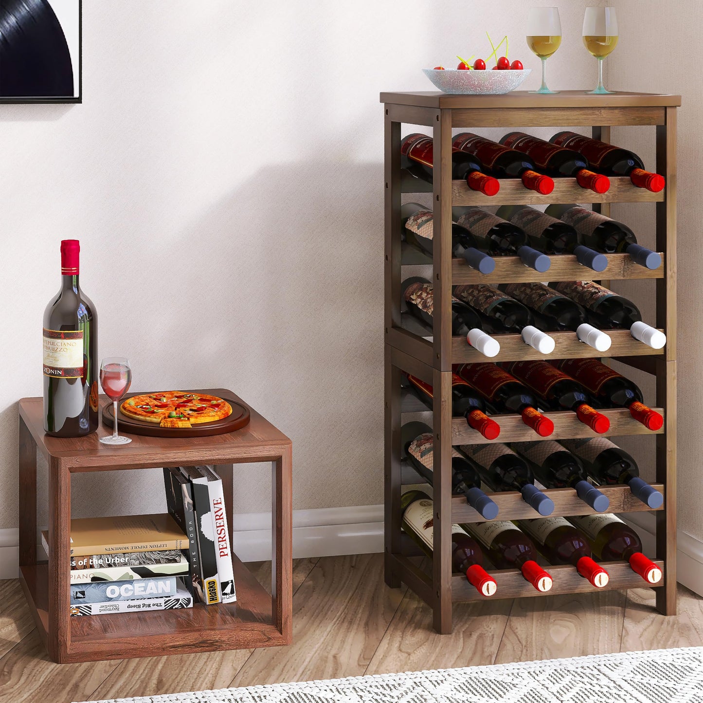 STELLSTAR 24-Bottle Wine Rack, 6 Tier Bamboo Wine Display Storage Shelves with Tabletop, Floor Freestanding Wine Bottle Holder with Wobble-Free Shelves, Walnut - WoodArtSupply