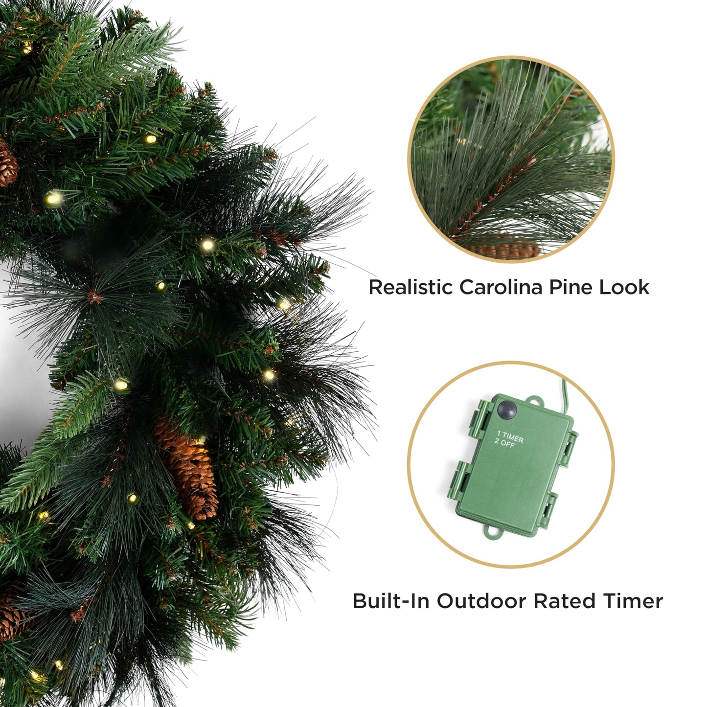 Papyrus 24" Pre-Lit Carolina Pine Artificial Wreath, Pine Cones, Warm White Light, Battery Powered, Indoor/Outdoor