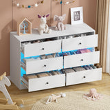 SDMY 6 Drawer Double Dresser, White Bedroom Dresser with LED Light, Baby Dresser for Nursery, Modern Wood Dresser Chest of Drawers for Living Room, Hallway SDMY