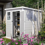 6x6 FT Outdoor Storage Resin Shed with Floor, Plastic Garden Tool Shed with Sloped Roof, Lockable Door & Windows, Easy to Assemble Bike Shed for Lawn, Backyard, Patio, White LINKHOO
