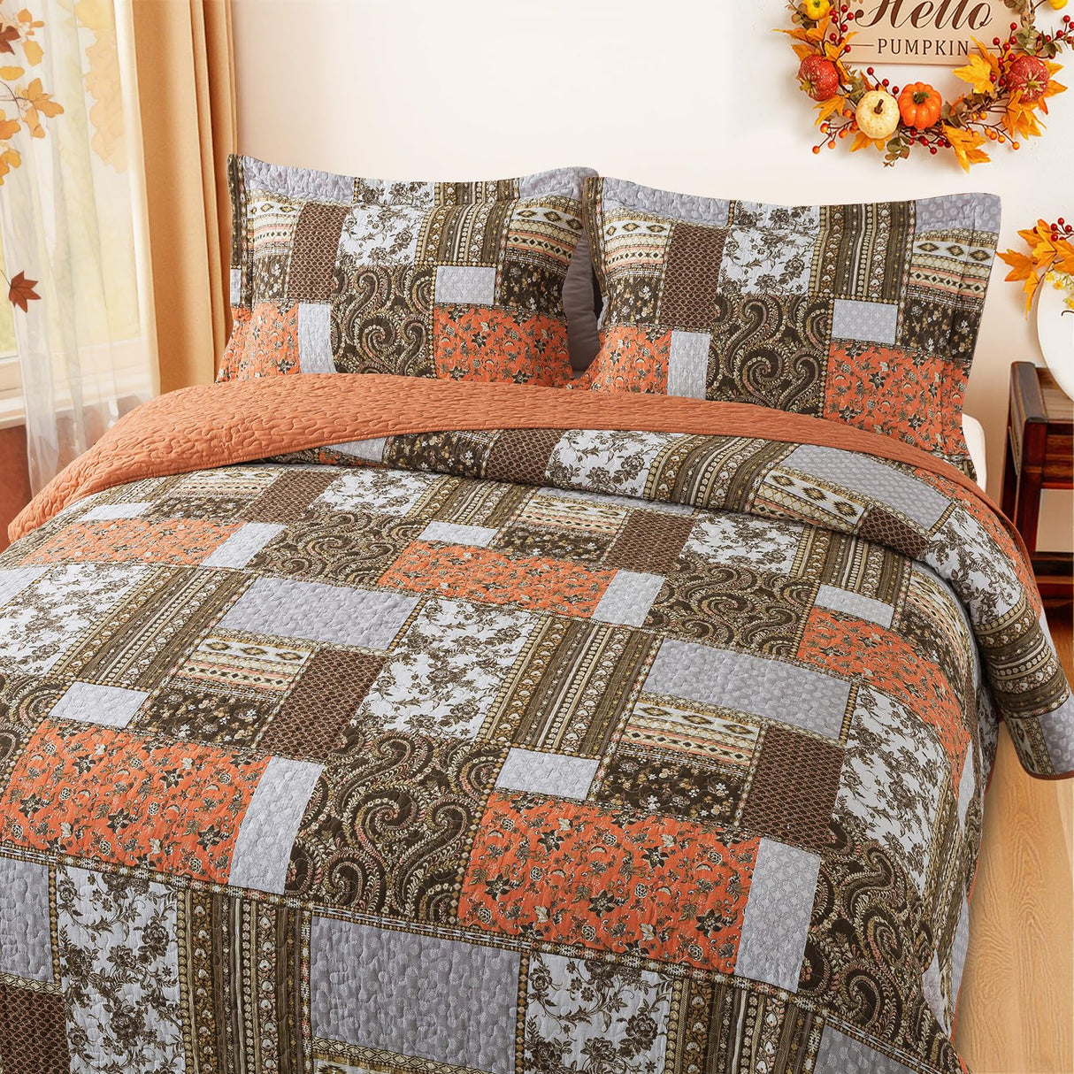 BEDIFANY Farmhouse Cotton Quilts Queen Size for Fall - Lightweight Patchwork Autumn Bedspread Set for Bed Coverlet - Highly-Woven Soft Reversible Bed Spread for All Seasons (Floral Orange) 3 Pieces BEDIFANY