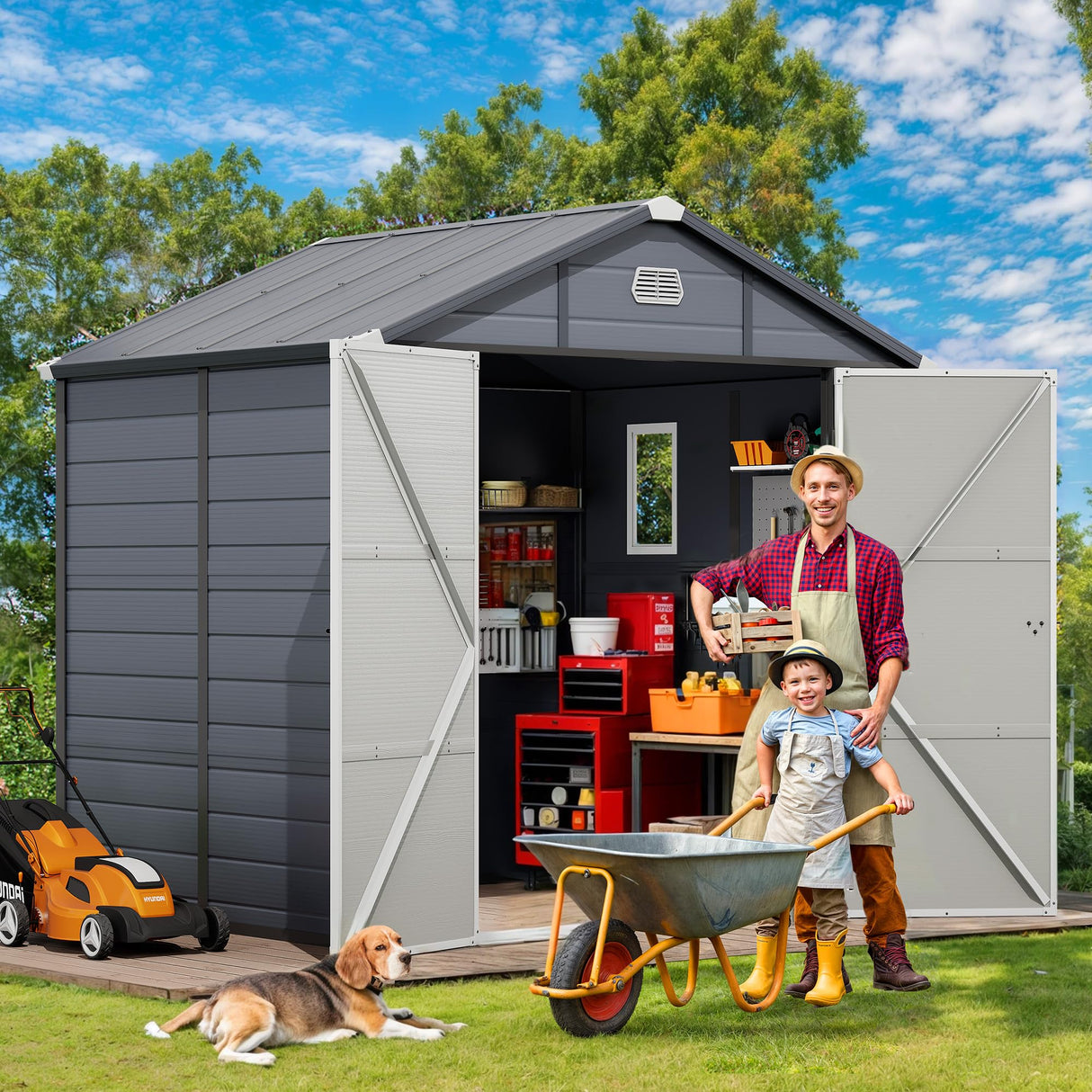 DWVO 8x6.2FT Outdoor Storage Shed w/o Floor, All-Weather Plastic Shed with Lockable Doors, Window & Vents, Plastic Tool Shed for Backyard, Patio, Poolside, Lawn, Gray DWVO