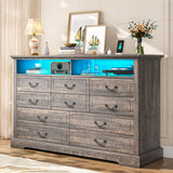 Romorgniz 10 Drawer Dresser for Bedroom, Large Farmhouse Dresser with LED Lights & Charging Station for Bedroom, Rustic Oak Romorgniz