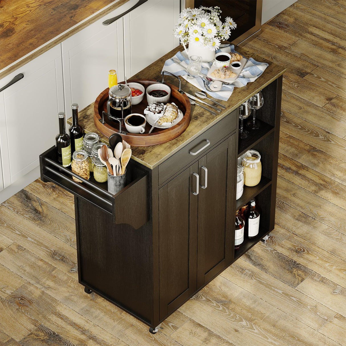 GarveeHome Mobile Rolling Island Cart for Kitchen, Kitchen Island on Wheels with Spice Rack& Drawer & Open Shelves & Towel Rack, Microwave Cart for Kitchen, Dining Room, 34.84" x 18.89" x 37", Black GarveeHome