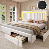 YITAHOME King Size Bed Frame with Adjustable Headboard, 4 Storage Drawers and RGB LED Lights, Velvet Upholstered Platform Bed with USB Ports, No Box Spring Needed, Fast Assembly, Noise-Free, White YITAHOME