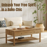 Dowinx Boho Coffee Table with Storage, 42" Wood Coffee Table for Living Room, 2 Storage Drawers and Open Rattan Shelf, Rectangular Living Room Coffee Tables Oak Dowinx