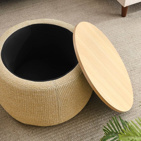 YICORPS Modern Round Storage Ottoman with Wooden Top,Handmade Luxury Pleated Circle Fabric Storage Ottoman Coffee Table,End Table & Footstool for Living Room（Natural） YICORPS