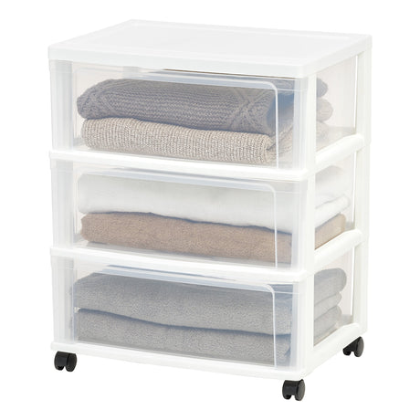 IRIS USA Plastic Drawer Storage Organizer Rolling Cart, with Wheels Casters, 3-Drawers, for Classroom Art Craft Supplies Dresser Closet Bathroom Dorm Bedroom Laundry Room, Wide, White/Clear IRIS