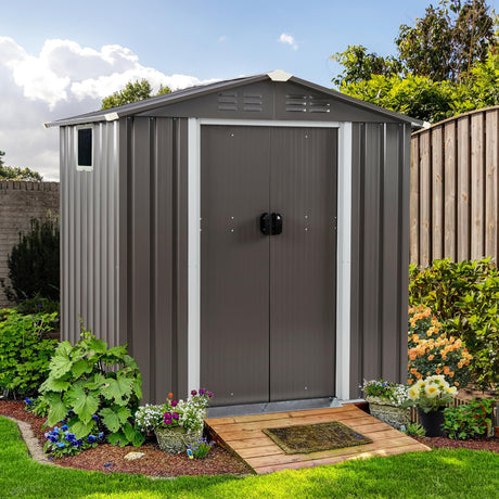 Shintenchi 6x4 FT Outdoor Storage Shed with Window, Lockable Outdoor Waterproof Tool Storage Sheds, Weather Resistant Tool Storage House Shed for Garden, Backyard, Patio Utility and Tool Storage, Gray Shintenchi