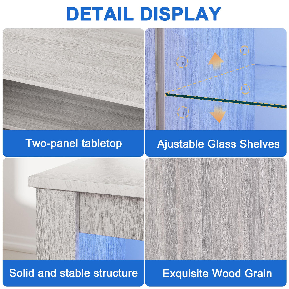 Algglobuy Modern TV Stand for 65 Inch TV with LED Lights, Entertainment Center with Adjustable Tempered Glass Shelves & Power Outlets, Media TV Console Table for Living Room, Bedroom Algglobuy