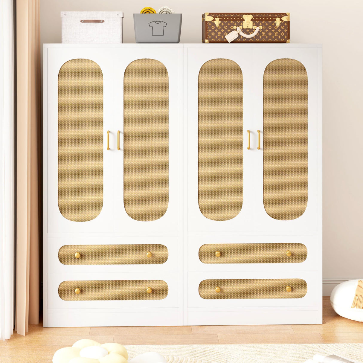 JZXSHD White Armoire Wardrobe Closet with Drawers, Rattan Wardrobe Cabinet with 2 Wood Door & Hanging Rail, Armoire Wardrobe Closet for Bedroom, Gym, Cloak Room JZXSHD
