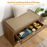 SICOTAS Rattan Shoe Bench Entryway Bench with Storage Drawer and Linen Seat Cushion, Farmhouse Boho Shoe Rack Bench with Shelf, Wooden Storage Bench for Entryway Hallway and Bedroom, Natural Oak, 2PCS SICOTAS