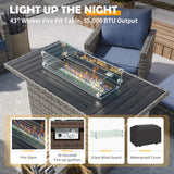 UDPATIO Outdoor Patio Furniture Set with 44" Fire Pit Table, 8 Pieces Sectional Conversation Sets, All-Weather Wicker Rattan Sofa Ottoman with 4" Thick Cushion for Garden Backyard Deck, Navy Blue UDPATIO