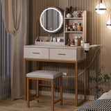 Makeup Vanity Desk with Round Mirror and Lights, White Vanity Makeup Table, Small Vanity Table for Bedroom with Lots Storage, 3 Lighting Modes, Vabches