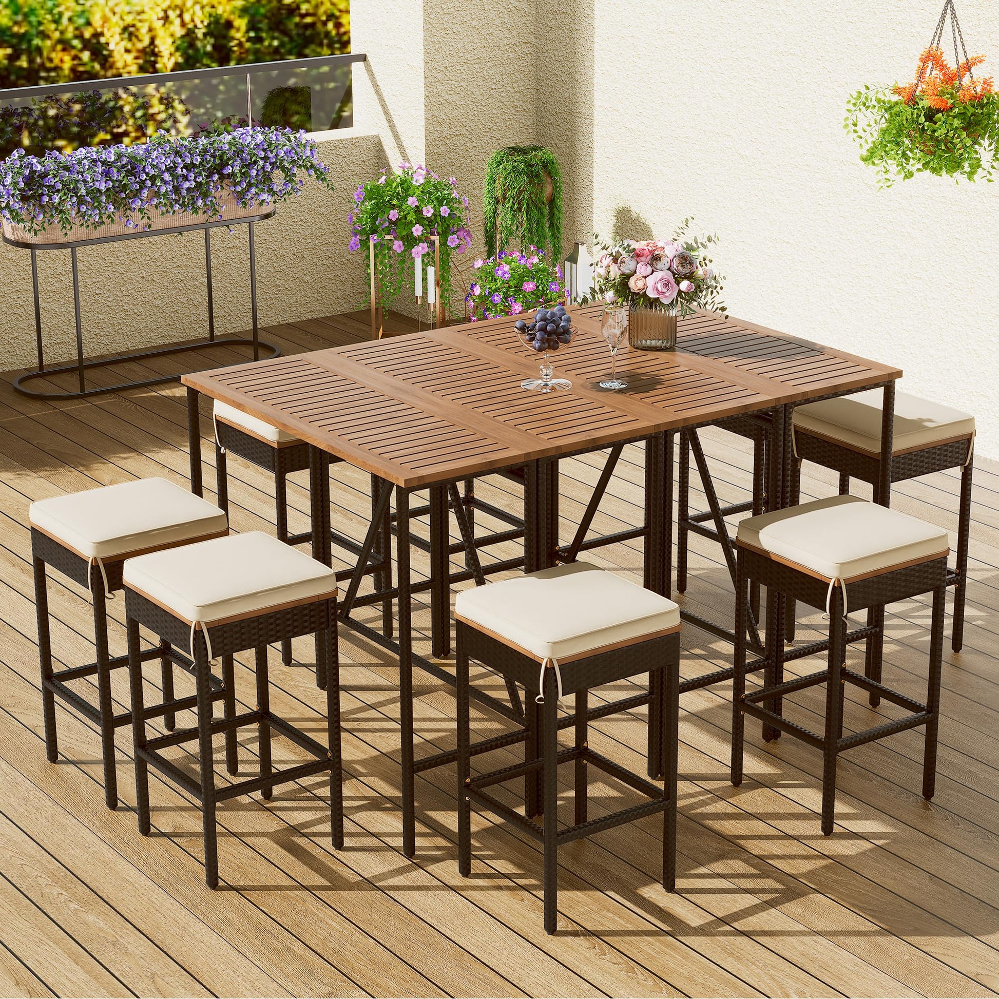 CKLMMC 10-Piece Outdoor Patio Dining Set, Acacia Wood Bar Height Table with Foldable Tabletop and Four Stools with Cushions, High-Dining Bistro Set - WoodArtSupply