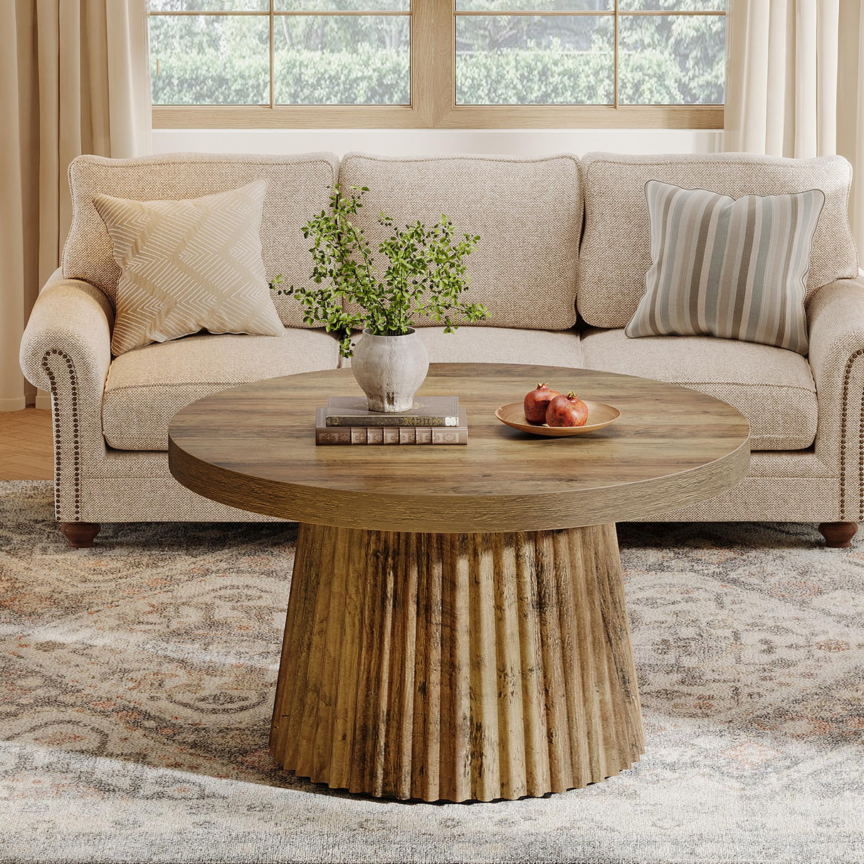 Tribesigns Coffee Table, 31.5" Small Farmhouse Round Coffee Tables with Fluted Drum Base, Mid Century Modern Boho Accent Center Table for Living Room, Apartment, Small Space, Brown Tribesigns