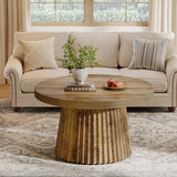 Tribesigns Coffee Table, 31.5" Small Farmhouse Round Coffee Tables with Fluted Drum Base, Mid Century Modern Boho Accent Center Table for Living Room, Apartment, Small Space, Brown Tribesigns