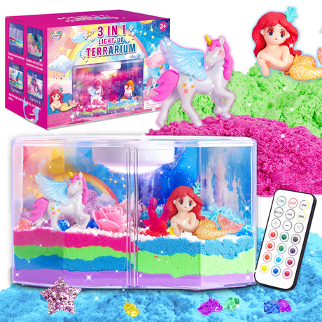 Carolart 3 in 1 Light Up Unicorn Terrarium Kit,Unicorn,Mermaid,Christmas Crafts,LED Night Light & Remote Birthday Gifts，Arts & Crafts for Girls Carolart