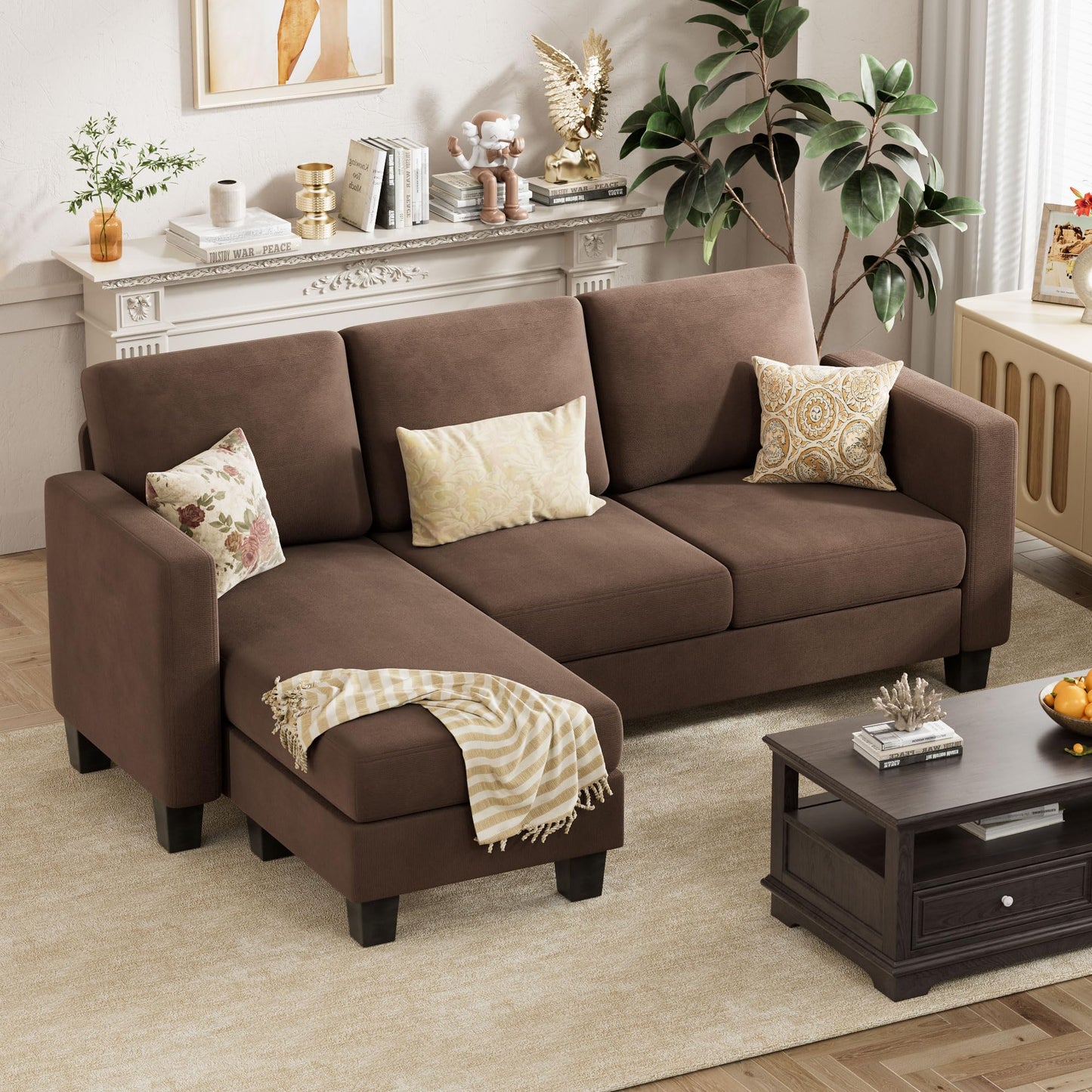 VICTONE Convertible Sectional Sofa Couch, 3 Seat L-Shaped Sofa with Linen Fabric, Movable Ottoman Small Couch for Small apartments, Living Room and Office (Brown) - WoodArtSupply