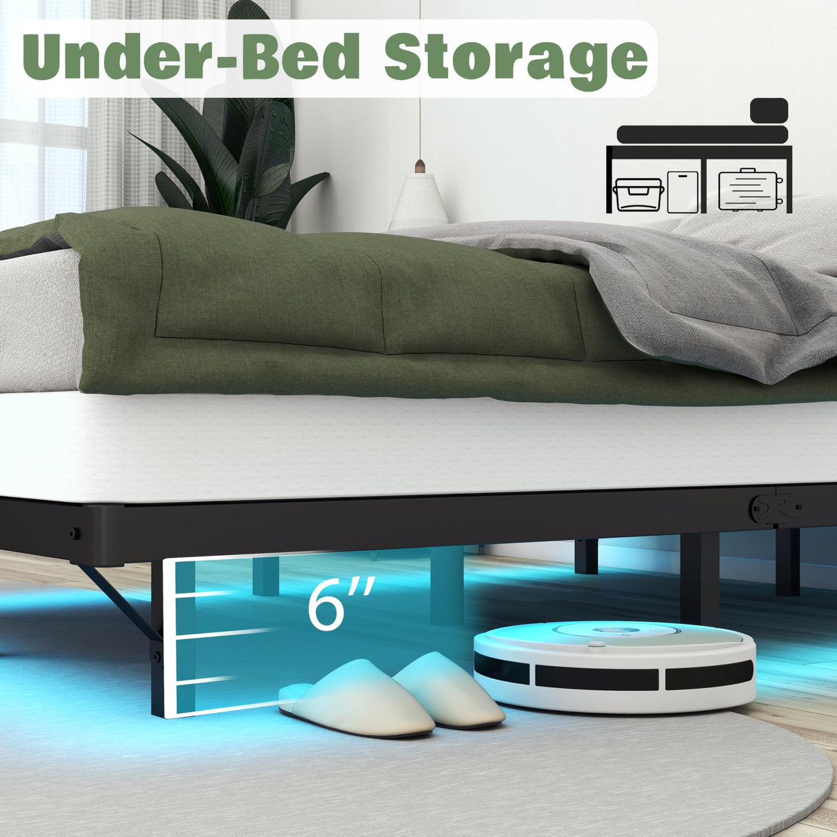 HusDream Floating Bed Frame Queen with Smart LED Lights and Charging Station 8 Inch Metal Platform Bed Frames Queen Size,Stable Structure,Under Bed Storage Space,No Box Spring Needed (8 Inch, Queen) HusDream