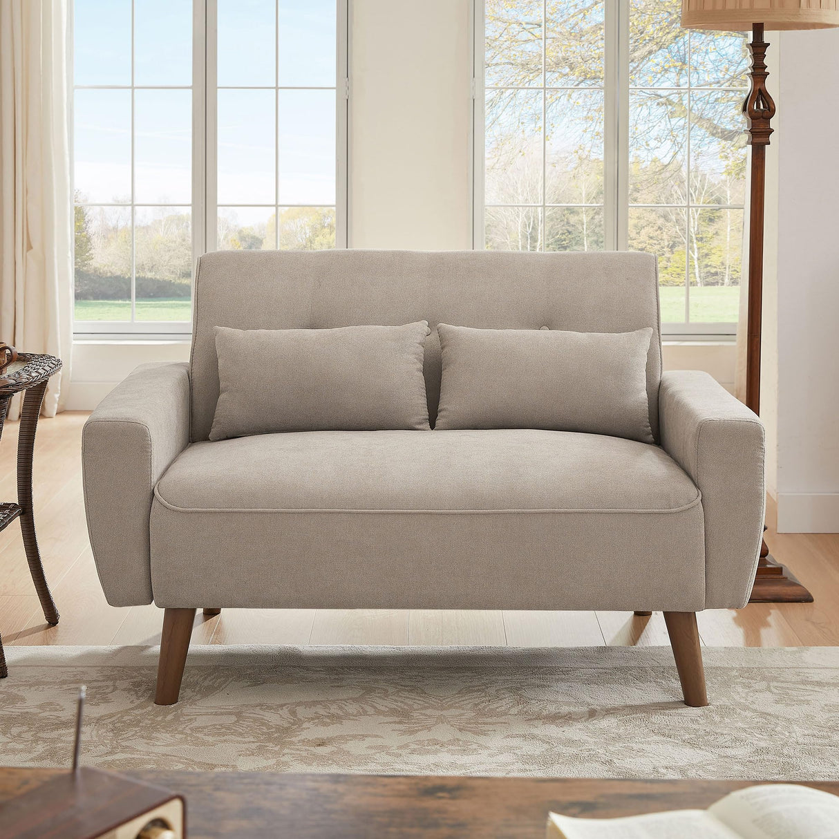 Portaforta 48" Small Loveseat Sofa, Mid Century Modern Love Seat Couch, 2 Seat Tufted Couches with Throw Pillows for Living Room, Apartment, Bedroom and Small Spaces, Beige Portaforta