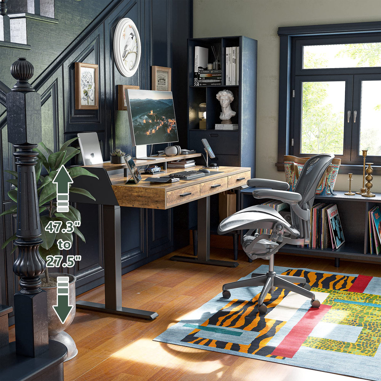 FEZIBO Electric Standing Desk with Drawers, 48x24 Inch Standing Desk Adjustable Height, Stand Up Desk with Monitor Shelf, Sit Stand Home Office Desk, Rustic Brown FEZIBO