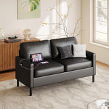 STHOUYN 56" W Faux Leather Loveseat w/ 2 USB, Black Love Seat w/Side Pockets, Small Loveseat for Small Space, Leather Couch for Bedroom, Apartment, Dorm, Black STHOUYN
