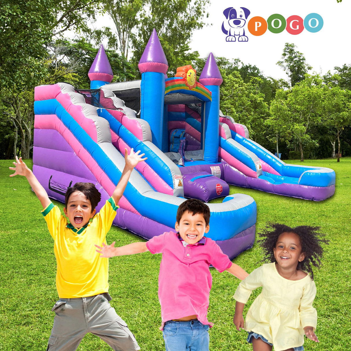 Inflatable Bounce House and Double Slide Combo (Without Blower) - 16' Long x 15' Wide Crossover Pink and Purple Castle Combo Bouncer, Kids Outdoor Toys and Jumpers Pogo Bounce House