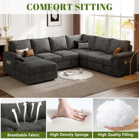 SUAWY 108 Inch Sectional Sleeper Sofa with Pull Out Bed,U Shaped 7 Seat Modular Sectional Sofa with Storage,Sectional Couches for Living Room,Cloud Modular Couch,Removable Sofa Cover,Dark Grey SUAWY