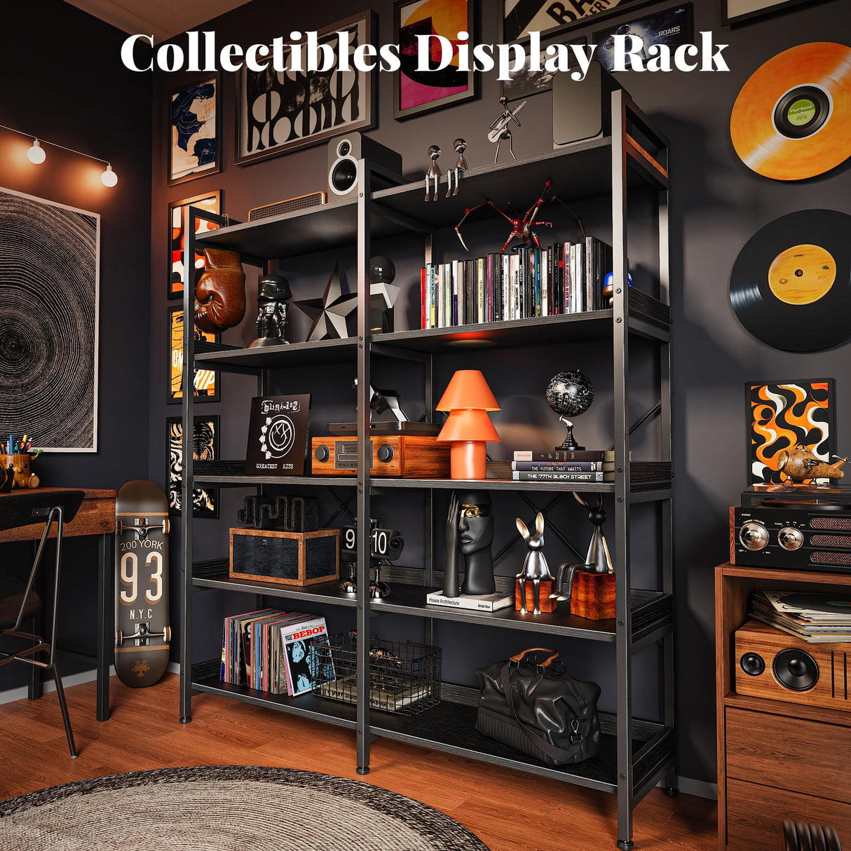 Huuger 5 Tier Bookshelf, Display Bookshelf with 10 Open Shelves and Raised Baffle, 47.2 Inch Straight Wide Bookcase with Metal Frame and Wooden Board, Adjustable Feet, Black Huuger