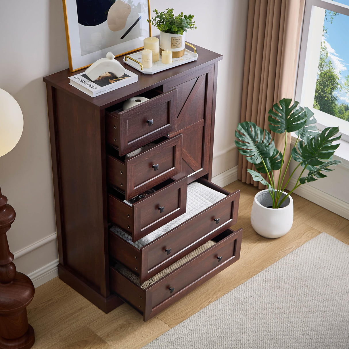 SOOWERY Dresser for Bedroom, Farmhouse Dresser with 5 Wooden Drawers and Storage Cabinet, 48 Inches Tall Chest of Drawers for Bedroom, Living Room, Hallway, Dark Cherry SOOWERY