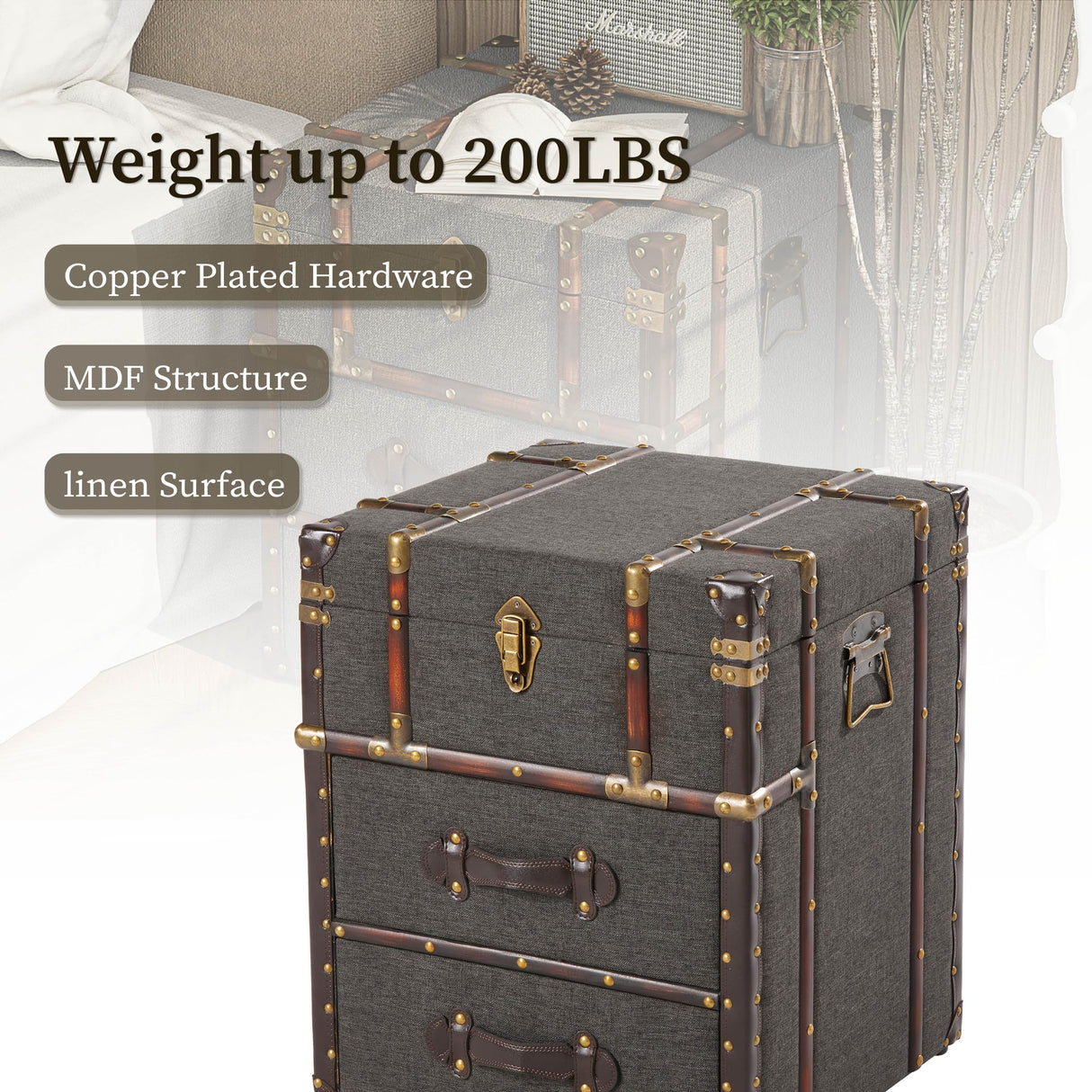 Aoikax Vintage Storage Chest with Buckle Hinged Top, Linen Accent End Side Table for Living Room, Office, Bedroom, Rectangle, Grey Aoikax