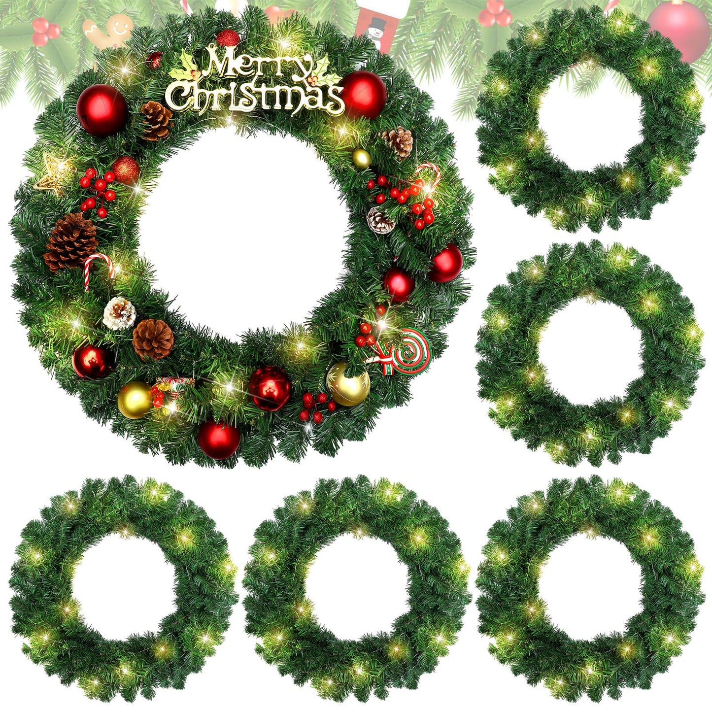 Hotop 6 Pcs 24 Inch Pre Lit Christmas Wreath with Lights Large Artificial LED Christmas Front Door Wreath for Xmas Holiday Party Decorations Fireplaces Porch Wall Ornament