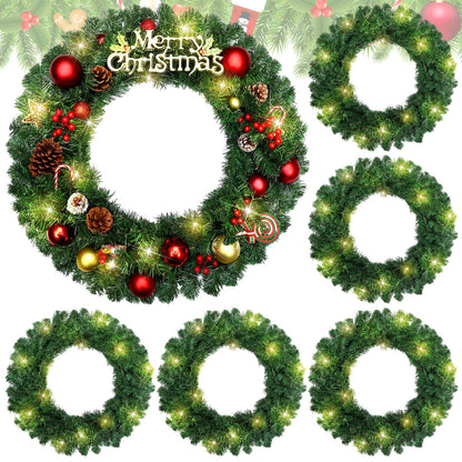 Hotop 6 Pcs 24 Inch Pre Lit Christmas Wreath with Lights Large Artificial LED Christmas Front Door Wreath for Xmas Holiday Party Decorations Fireplaces Porch Wall Ornament