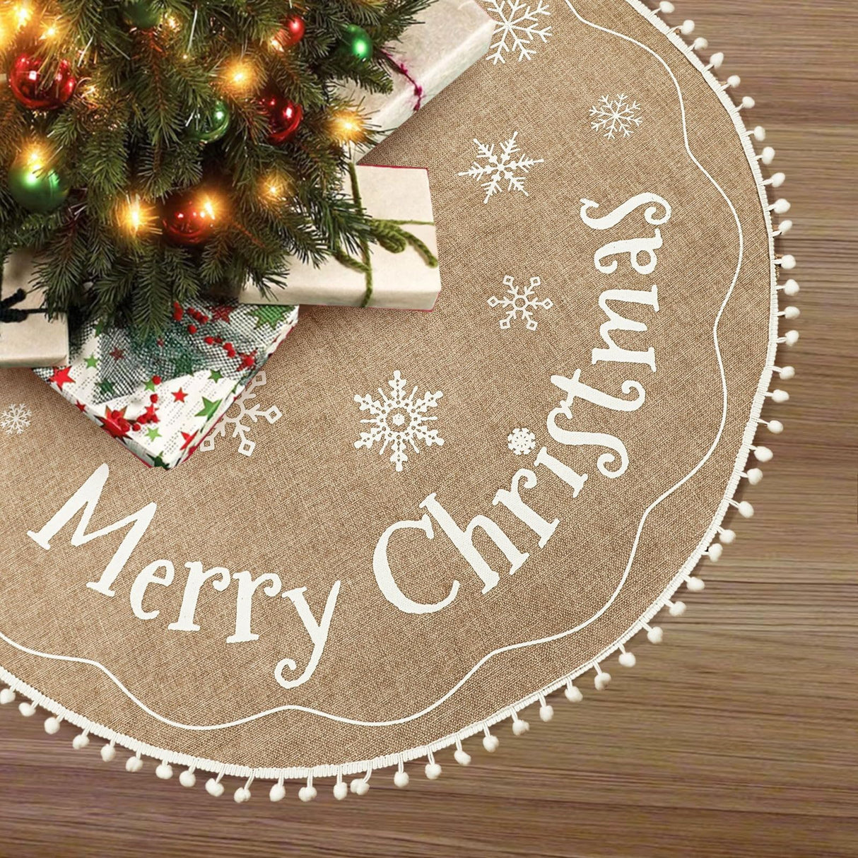 AerWo Christmas Tree Skirt 48 Inches, Burlap Tree Skirt Printed with White Snowflake and Merry Christmas Decor, Brown Tree Skirt for Christmas Decorations New Year Holiday Party Supply Indoor Outdoor AerWo