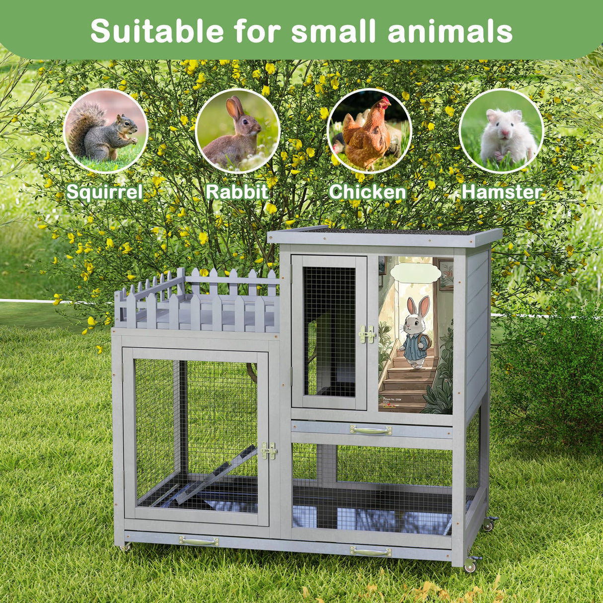 cozivvovv Wood Rabbit Hutch with Balcony - Small Animal House Bunny Cage on Wheels for Indoor Outdoor, Rabbit Cage Included Ramp, Pull Out Tray, (Grey with Pattern) COZIVVOVV