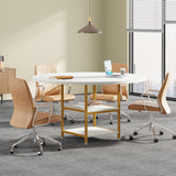 Tribesigns 47-Inch Round Conference Table for 4-6 People, Wood Meeting Room Table with Storage Shelf and Metal Legs, Modern Office Training Desk for Conference Room Seminar Room (White Gold) Tribesigns