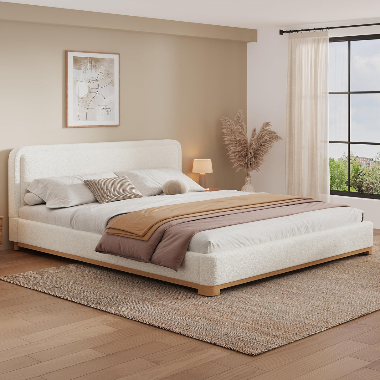 Merax King Size Boucle Bed Frame with Curved Headboard, White Upholstered Cloud Platform Bed, Solid Wood Base, Soft Rounded Corners Design, No Box Spring Needed, Easy Assembly, White Merax