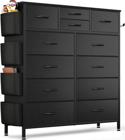 Lulive Dresser for Bedroom with 12 Drawers, Tall Dresser Chest of Drawers with Side Pockets and Hooks, Fabric Dresser Storage Tower for Closet, Hallway, Living Room (Black) - WoodArtSupply