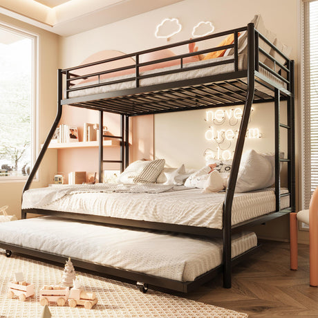 SUNLEI Metal Bunk Beds with Double Secured Ladders,Twin Over Full Bunk Bed with Surrounded Safety Guardrails, Space Saver Twin Beds with Trundle Function, Noise Free for Small Bedroom, Black SUNLEI