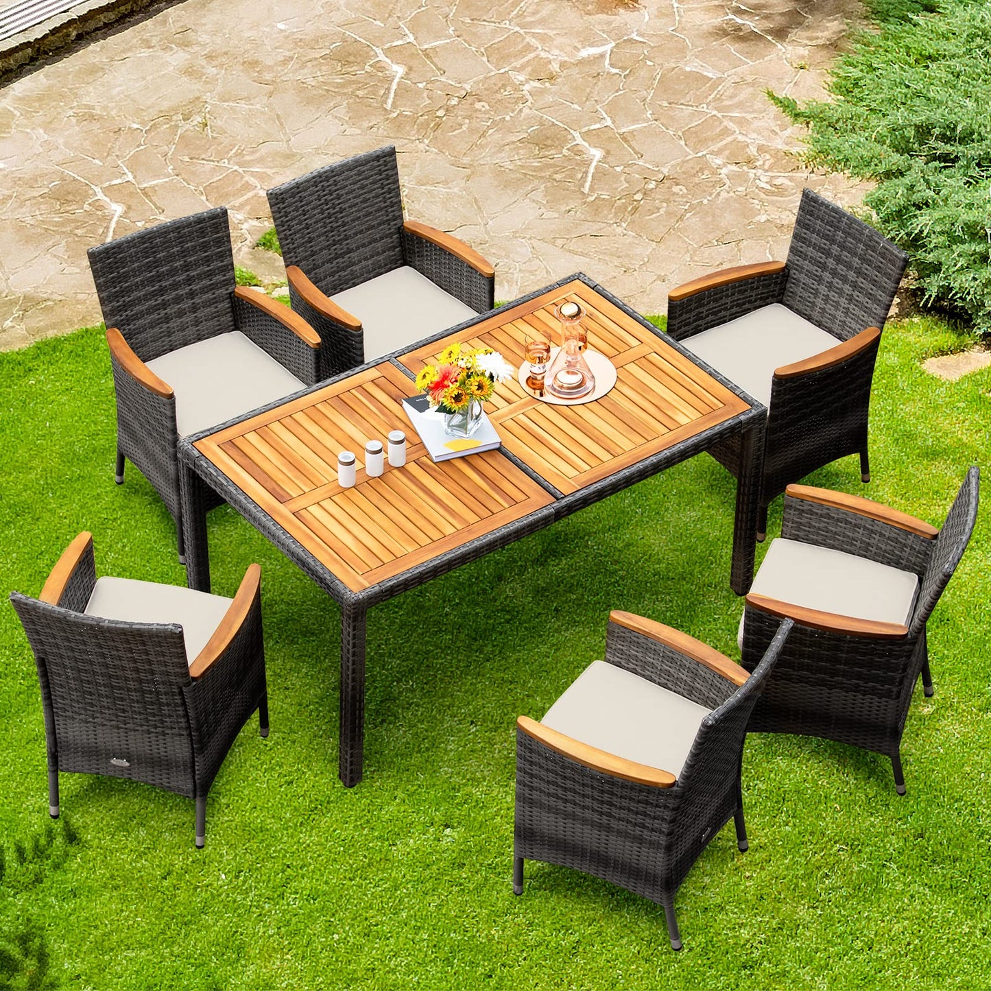 COSTWAY 7PCS Patio Rattan Dining Set Acacia Wood Table Cushioned Chair Mix Gray