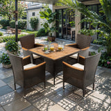 5 Piece Wicker Patio Dining Sets for 4, Rattan Outdoor Dining Table and Chairs with Wood Table Top, Water-Resistant Patio Conversation Set for Deck, Garden, Backyard, Removable Cushions, Brown FansaFurn