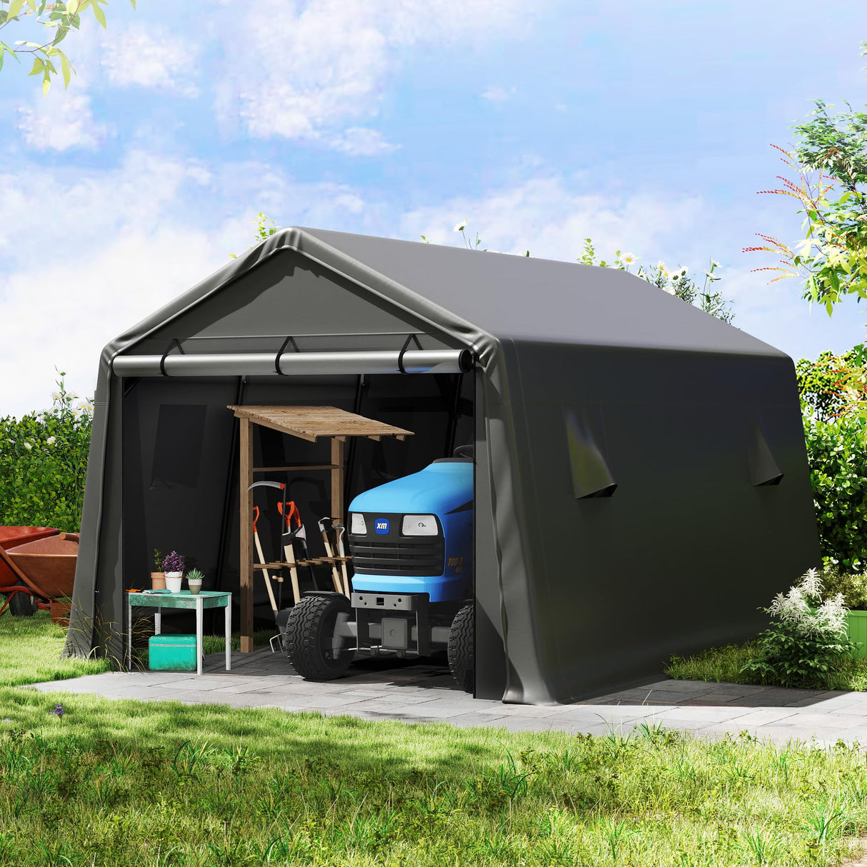 10×15 FT Outdoor Snow Carport, Portable Storage Shed Outdoor Waterproof, 240 g PE Waterproof Cover, Storage for Agricultural Utility Tractors, Garden Tools, Woods and Haystacks Real Relax